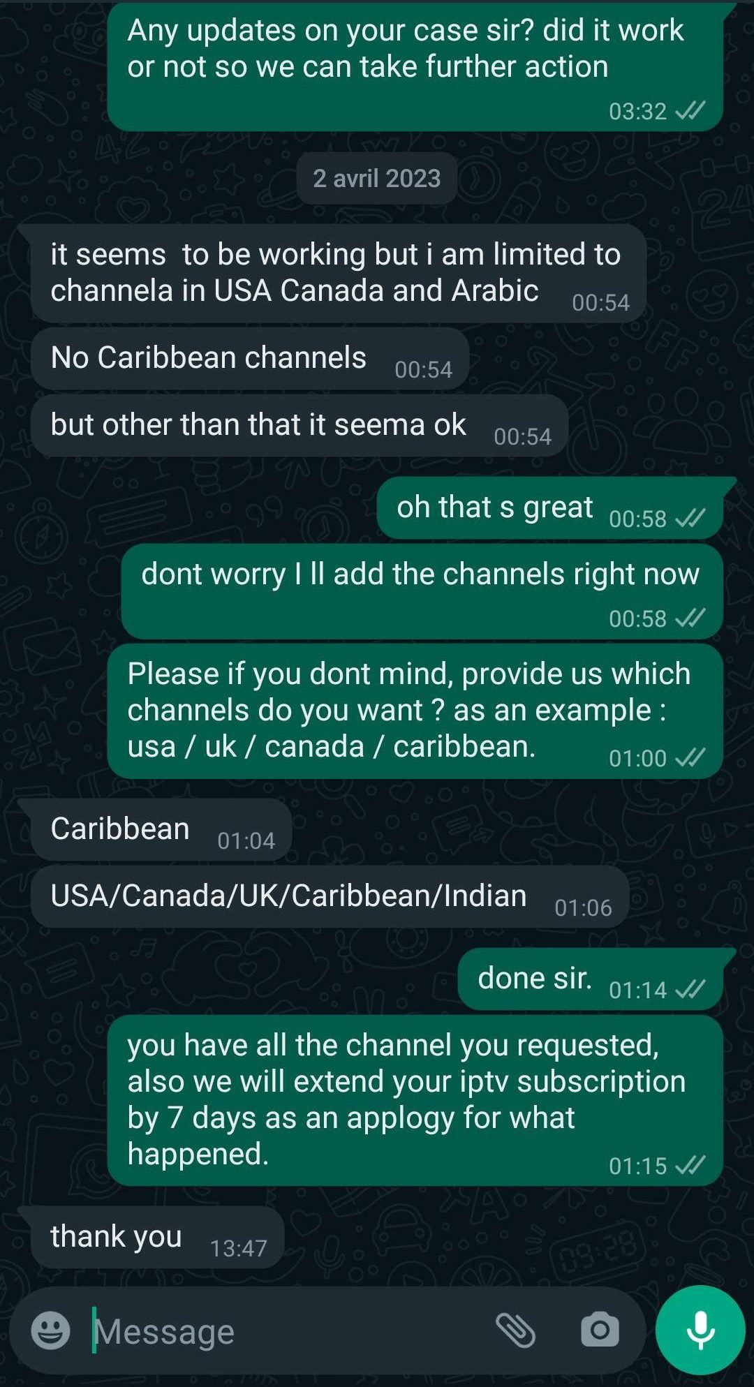 IPTV channel request fulfilled for Caribbean, USA, and Canada.